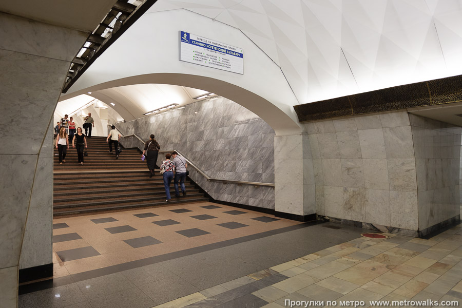 Станция Тургеневская (Калужско-Рижская линия, Москва). В северном торце — переход на станцию Сретенский бульвар Люблинско-Дмитровской линии.