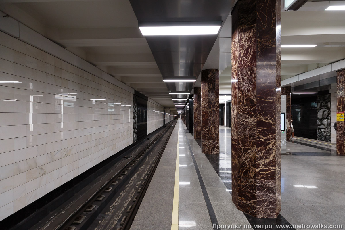 Фотография станции Каховская (Большая кольцевая линия, Москва). Боковой зал станции и посадочная платформа, общий вид.